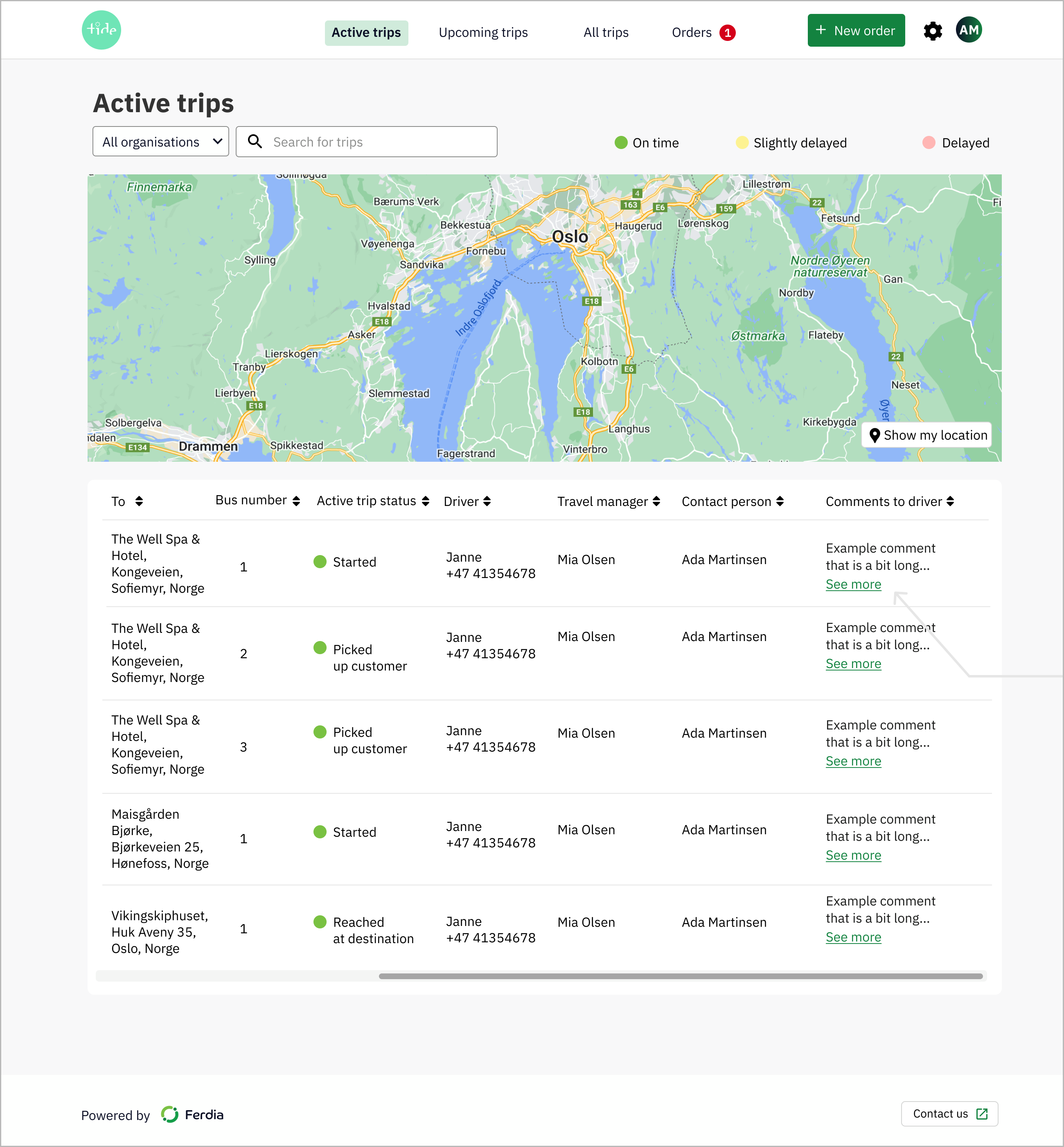 UI with a map of all trips with all trips listed in a table below.