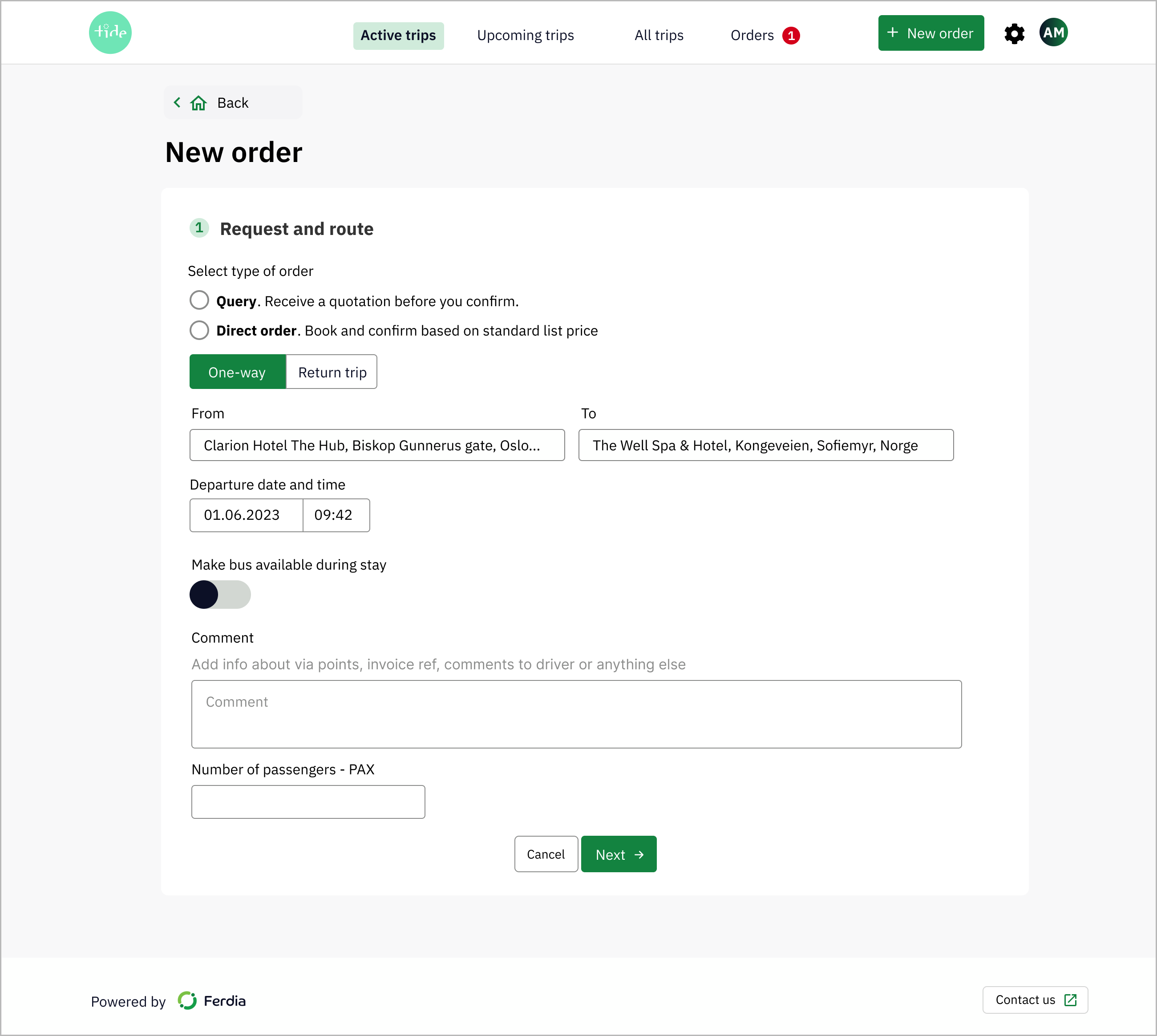 UI of a order view with a request form for ordering trips.
