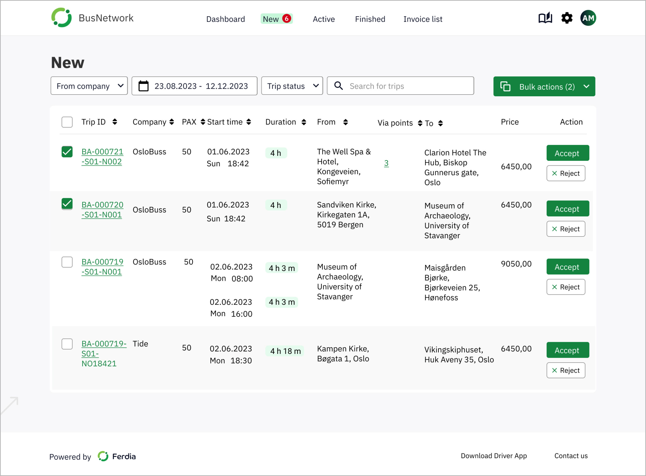 A table of New trips where two trips have been selected and can be manipulated with a bulk action button.