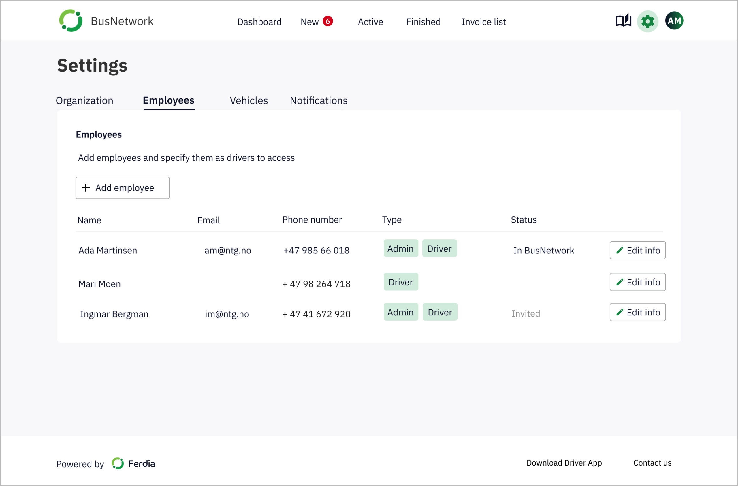 A settings page with employee settings assigning roles for different employees.