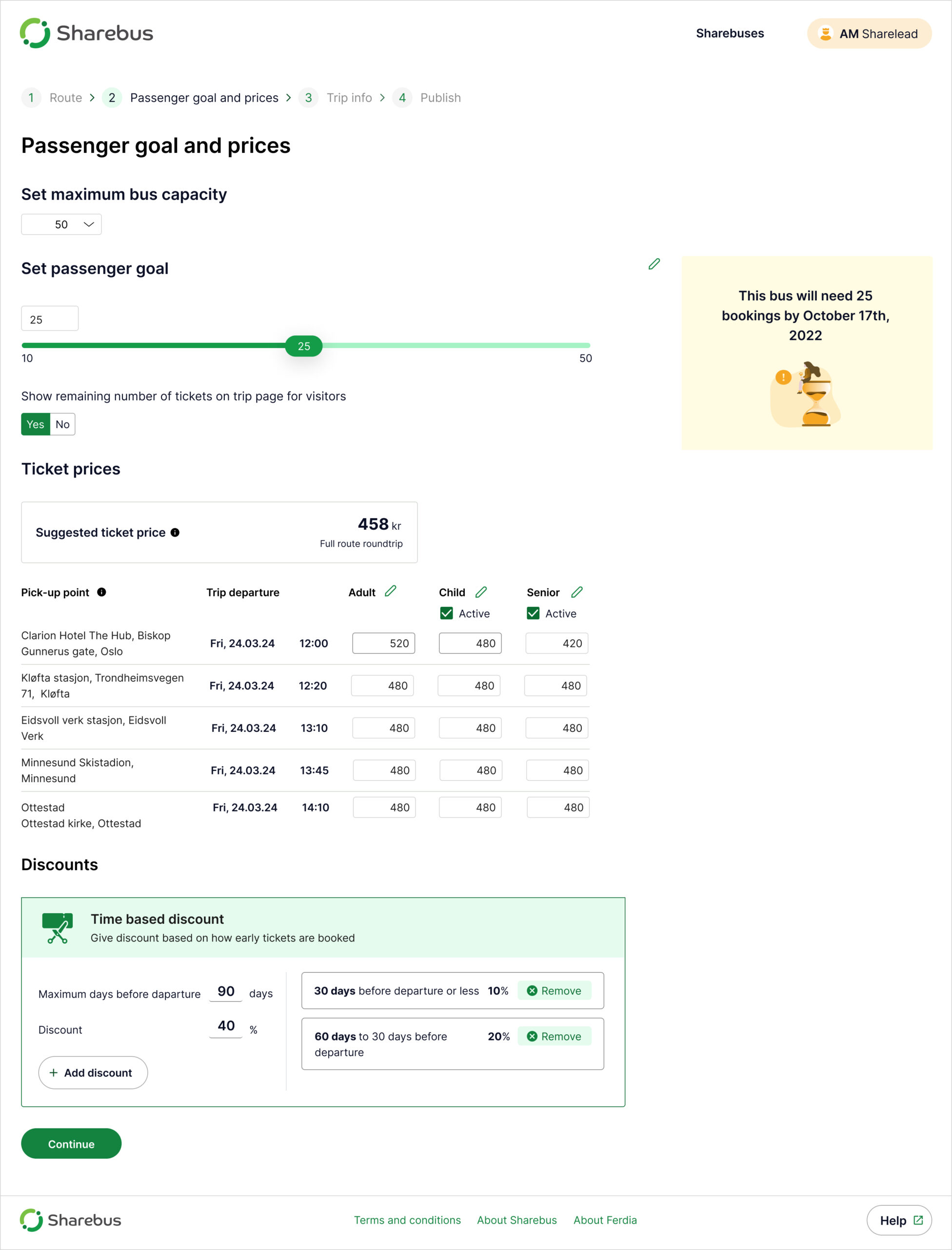 UI with selection of passenger goal, for the bus planner.