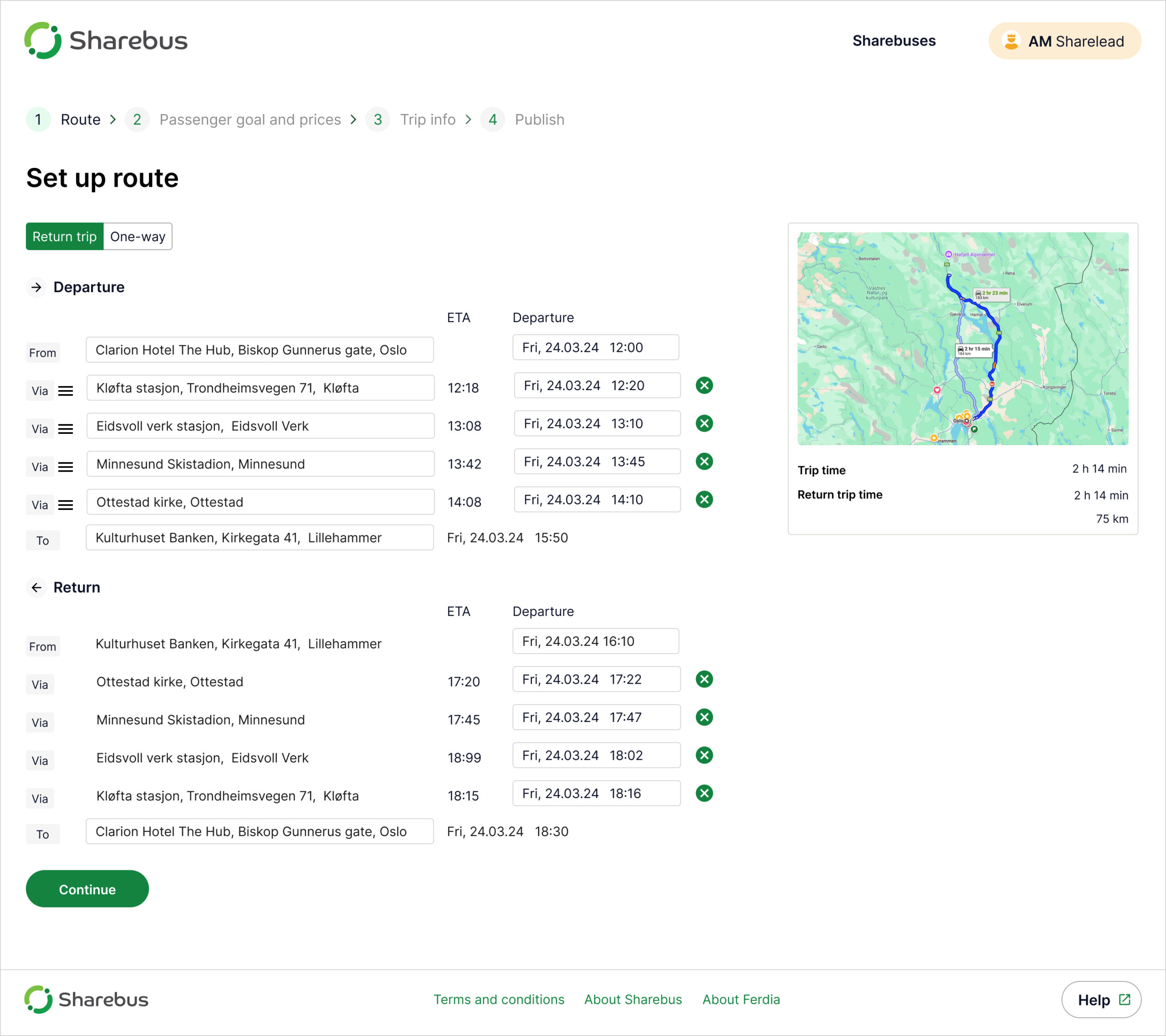 UI for setting up a Sharebus with via-points.