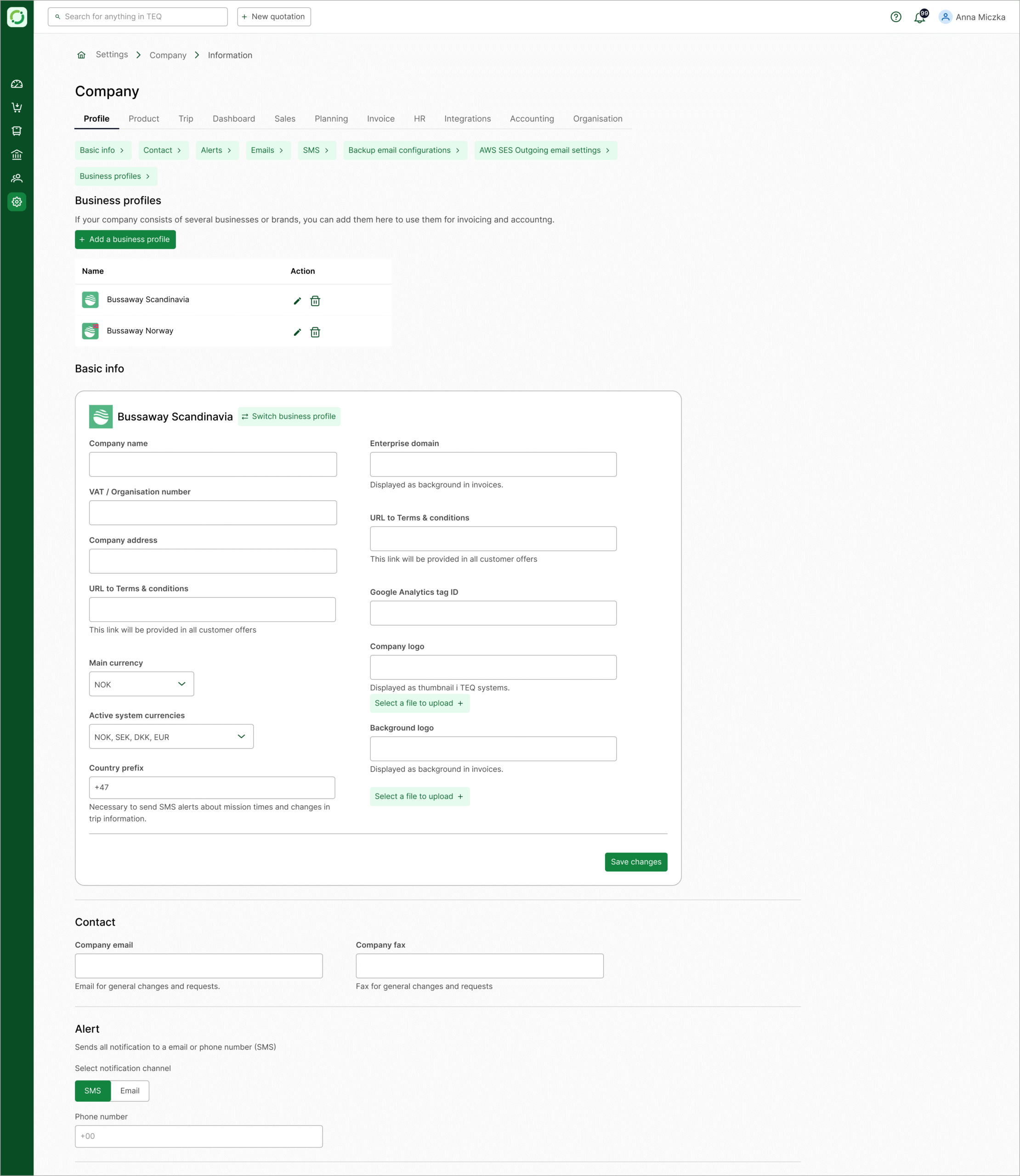 A settings page with a dark green side menu, company profile settings and a top navigation bar.